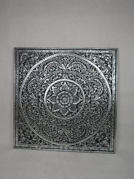 Dekorácia na stenu Mandala strieborná, 110x110 cm, ručná práca, exotické drevo