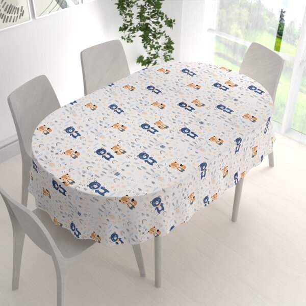 Biante Detský bavlnený oválny obrus Sandra SA-595 Modro-béžové lesné zvieratká na bielom 50x100 cm