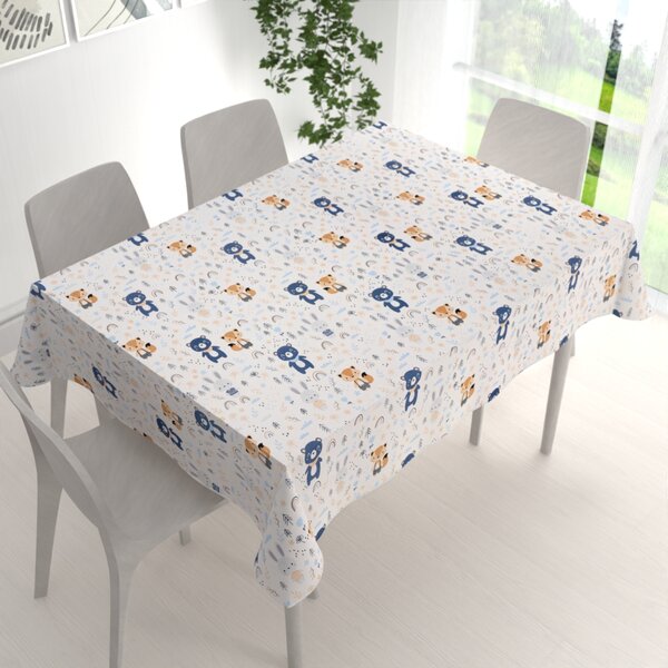 Biante Detský bavlnený obdĺžnikový obrus Sandra SA-595 Modro-béžové lesné zvieratká na bielom 50x100 cm