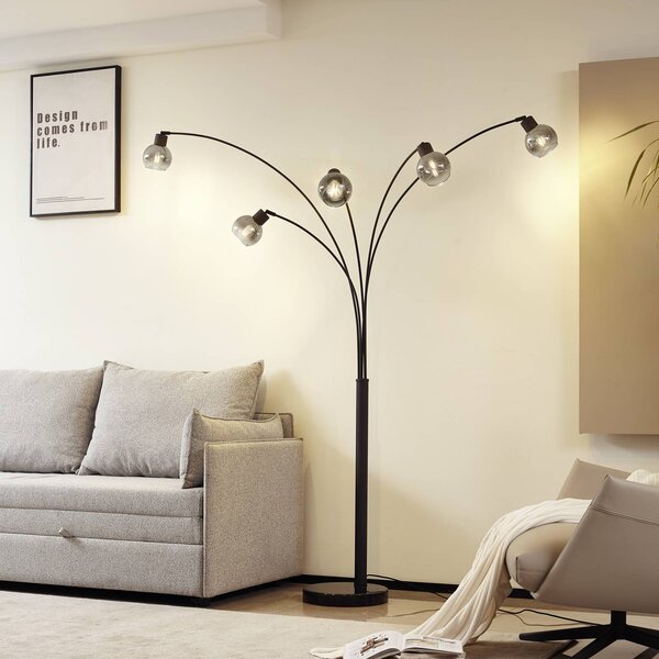 Lindby Stojacia lampa Braccio, sivá/čierna, sklo, 5-pl. 204,5 cm, Čierna, Obývacia izba / jedáleň, kov, Moderný, Oblúková stojaca lampa
