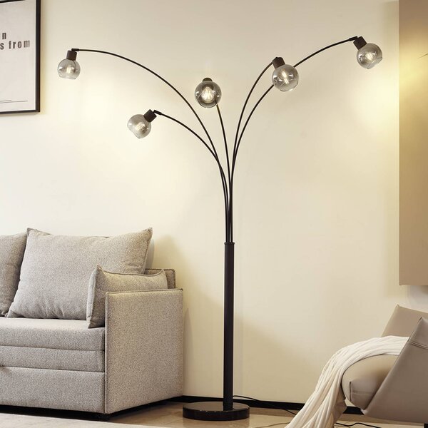 Lindby Stojacia lampa Braccio, sivá/čierna, sklo, 5-pl. 204,5 cm, Čierna, Obývacia izba / jedáleň, kov, Moderný, Oblúková stojaca lampa