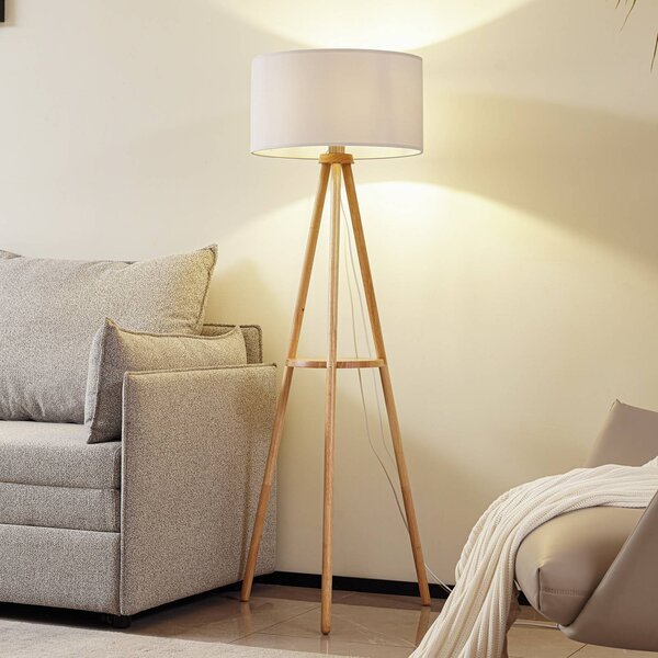 Lindby Stojacia lampa Adamio, Ø 45,5 cm, biela, textil, trojnožka, Svetlé drevo, Obývacia izba / jedáleň, Drevo, Vidiecky / Rustikálny, Stojaca lampa