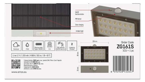 LED solárne svietidlo BRIXO so senzorom pohybu, 350lm, 4000K (ZG161S)