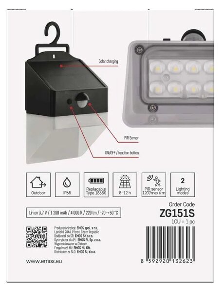 LED solárne svietidlo LUNIS so senzorom pohybu, 220lm, 4000K (ZG151S)