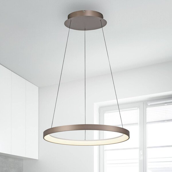 Paul Neuhaus LED závesná lampa Hoop, hnedá, Ø 57 cm, stmievateľná, Hnedá / hrdzavá, Obývacia izba / jedáleň, kov, Moderný, Závesné svietidlo