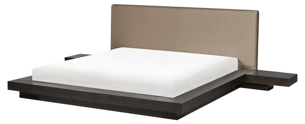Posteľ v japonskom štýle tmavý jaseň 160 x 200 cm nízky drevený rám postele drevená dyha buklé čelo nočné stolíky