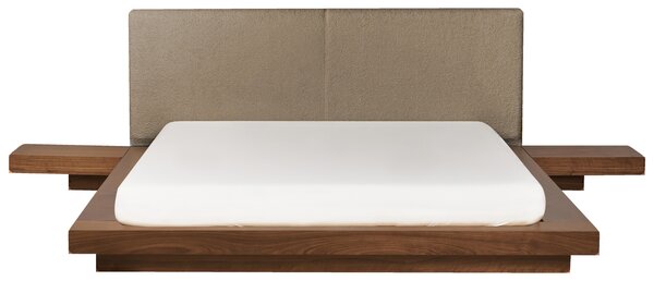 Posteľ v japonskom štýle hnedý jaseň 160 x 200 cm nízky drevený rám postele drevená dyha buklé čelo nočné stolíky