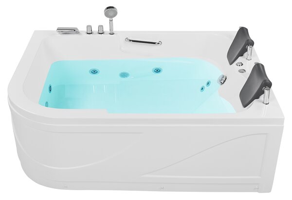 Ľavá rohová vírivá vaňa biela akrylátová 170 x 119 cm podvodné LED svetlá pre 2 osoby hydromasážna