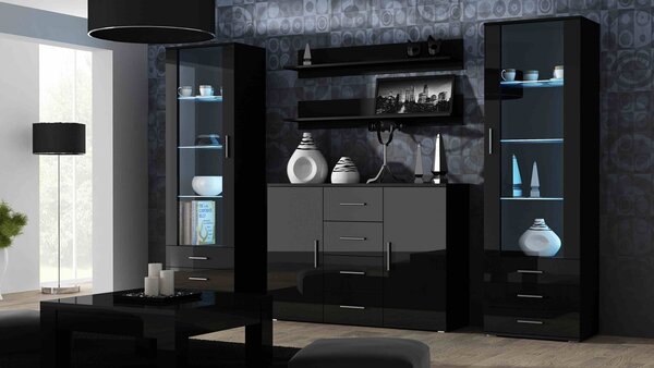 MEBLINE Obývacia stena SOHO 3D čierna / čierny lesk
