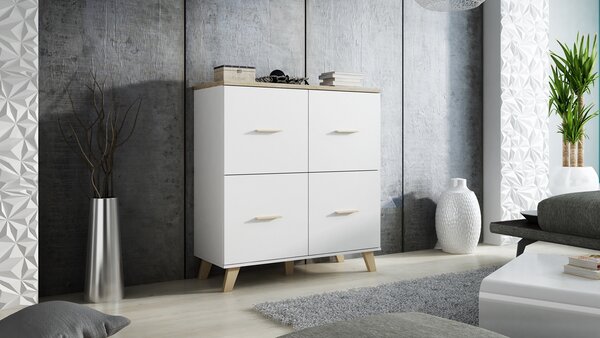 MEBLINE Komoda LOTAR 110 4D briliantovo biela / dub sonoma