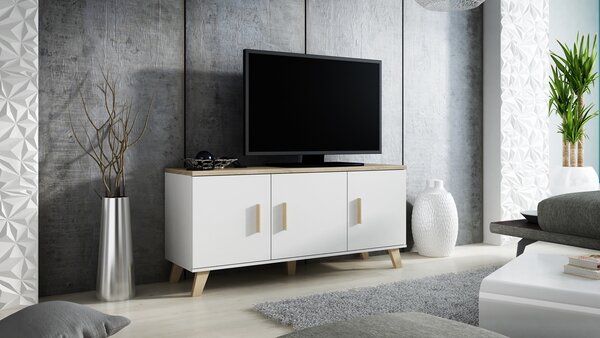 MEBLINE Komoda RTV LOTAR 150 3D briliantovo biela / dub sonoma