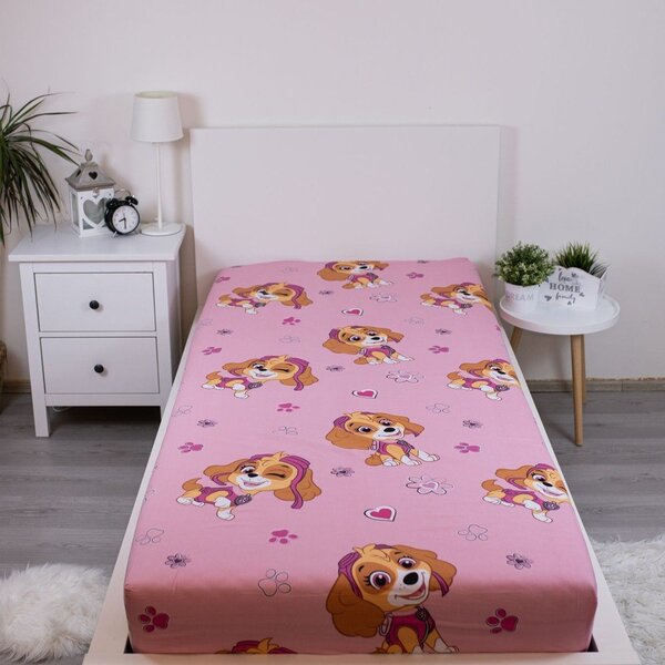 Ružová napínacia bavlnená detská plachta na jednolôžko 90x200 cm Paw Patrol – Jerry Fabrics