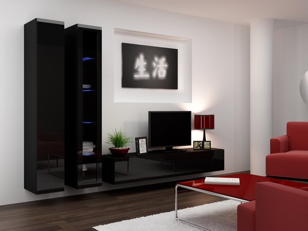MEBLINE Obývacia stena VIGO 3D čierna / čierny lesk