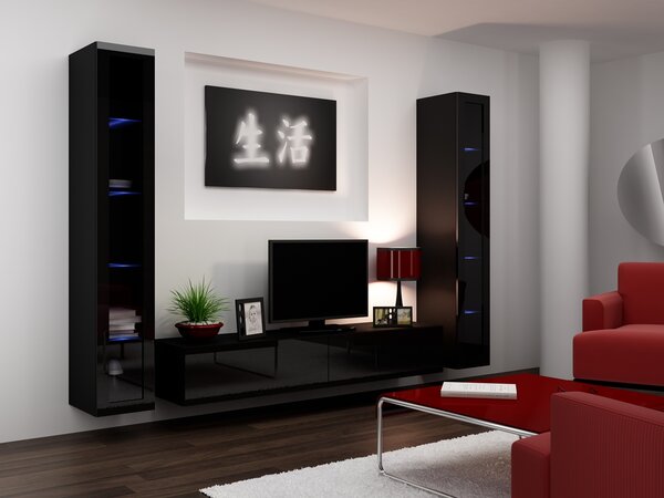 MEBLINE Obývacia stena VIGO 5D čierna / čierny lesk