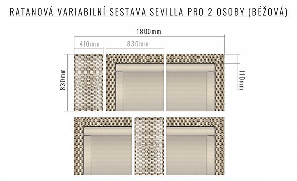 DEOKORK Ratanová variabilná zostava SEVILLA pre 2 osoby (béžová)