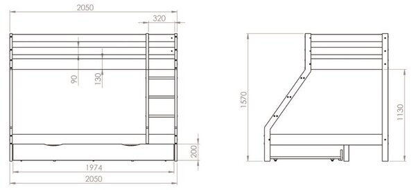 MAXMAX Detská poschodová posteľ z masívu s rozšíreným spodným lôžkom DENIS - 200x90/140 cm - biela