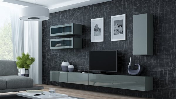 MEBLINE Obývacia stena VIGO GREY 11C šedá / šedý lesk