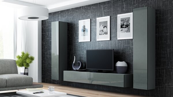 MEBLINE Obývacia stena VIGO GREY 4C šedá / šedý lesk