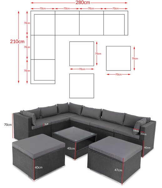 Záhradný ratanový set XXL - čierna/antracit podušky