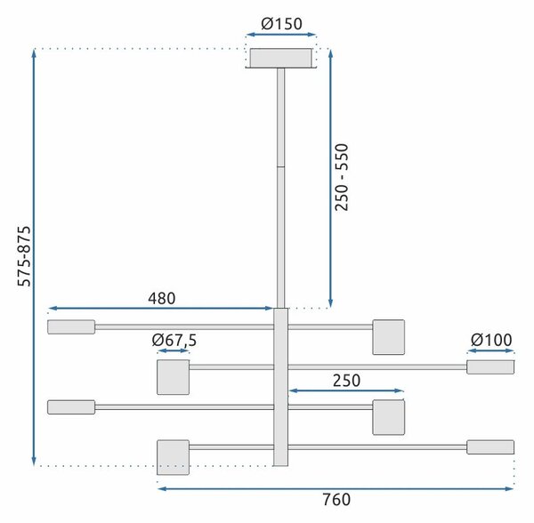 Toolight Toolight, LED stropné svietidlo s 8 ramenami 75x124 cm APP598-8C, čierna, OSW-08566