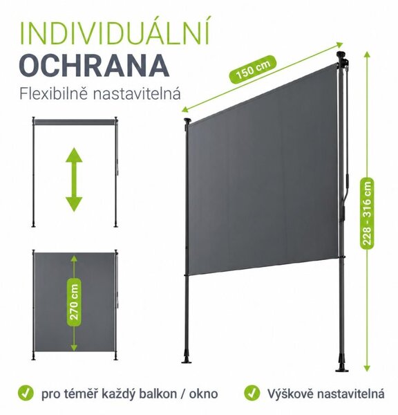 Vertikálna markíza na balkón 150 x 228–316 cm, ochrana UV