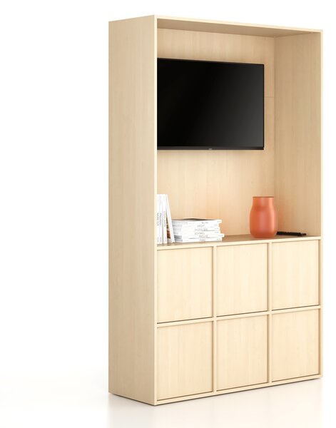 Kancelárska skriňa FRAME, 6x dvere, priestor pre TV, 1299 x 450 x 2162 mm, PUSH-lock, breza