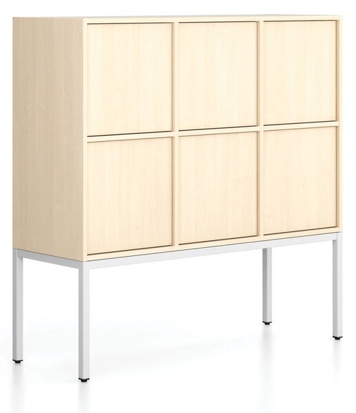 Kancelárska skriňa FRAME, nízka, biela podnož, 6x dvere, 1299 x 450 x 1331 mm, PUSH-lock, breza