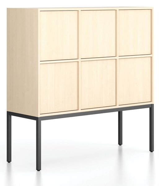 Kancelárska skriňa FRAME, nízka, čierna podnož, 6x dvere, 1299 x 450 x 1331 mm, PUSH-lock, breza