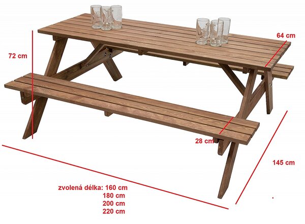 DEOKORK Masívny drevený pivný set z borovice 160 cm hrúbka 30 mm (morený)