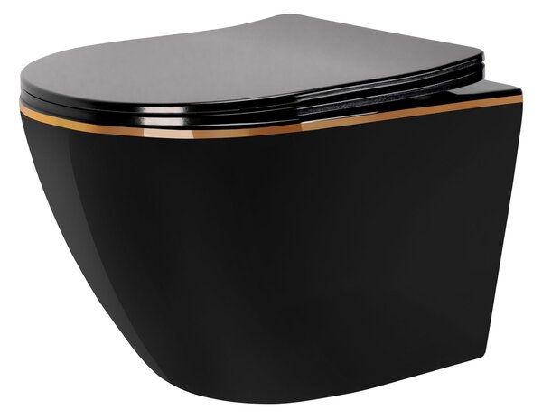 Závesná WC misa REA CARLO Mini Rimless Duroplast Flat - čierna-zlatý okraj