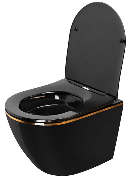 Závesná WC misa REA CARLO Mini Rimless Duroplast Flat - čierna-zlatý okraj