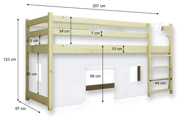 Wilsondo Drevená vyvýšená detská posteľ Bunkie 90x200 - borovica