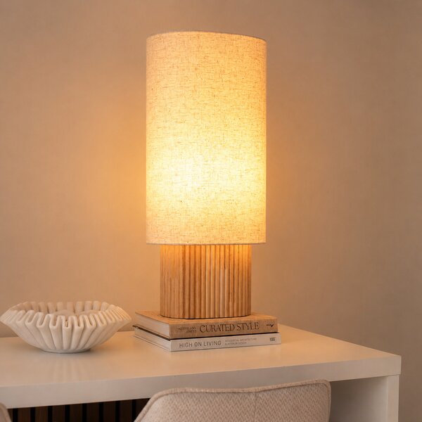 Japandi stolná lampa drevená s ľanovým tienidlom 70cm - Lamel