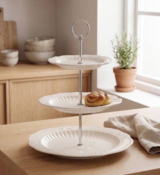 3-patrový porcelánový etažér se zdobením - Ø 26*31 cm - Clayre & Eef
