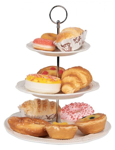 3-patrový porcelánový etažér se zdobením - Ø 26*31 cm - Clayre & Eef