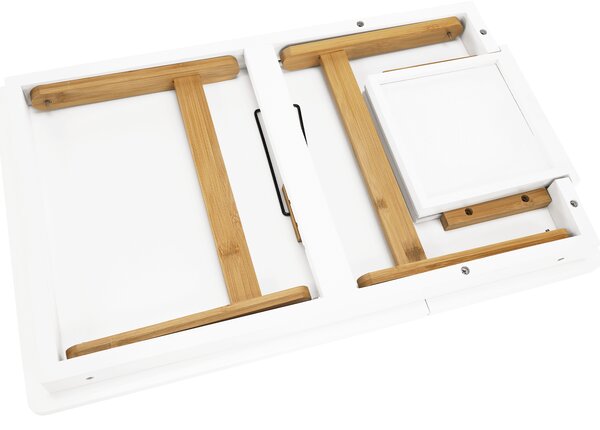 KONDELA Príručný stolík na notebook/držiak na tablet, biela/prírodný bambus, MELTEN