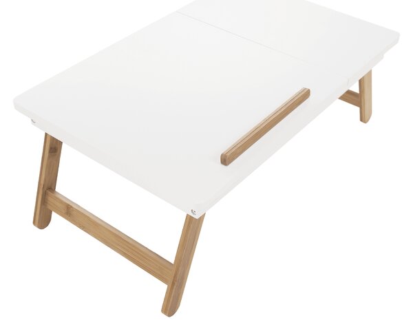 KONDELA Príručný stolík na notebook/držiak na tablet, biela/prírodný bambus, MELTEN