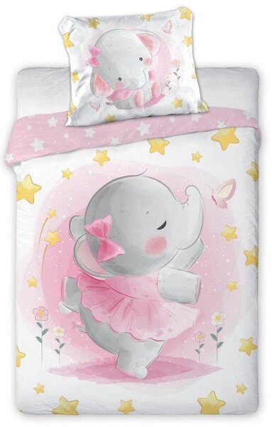 Bavlnená posteľná bielizeň pre deti s potlačou sloníka v ružových šatách Biela
