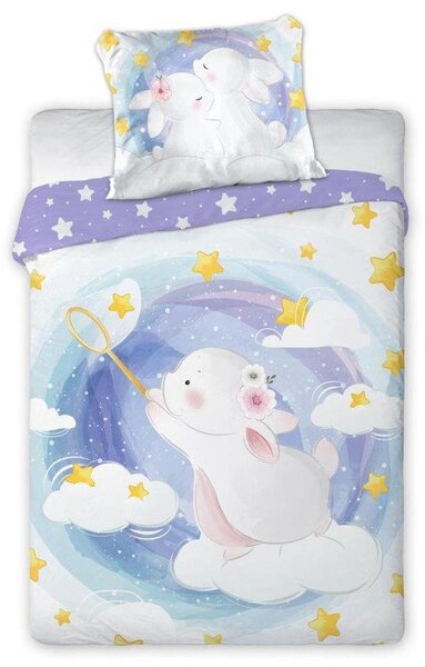 Bavlnená posteľná bielizeň pre deti s roztomilým zajačikom a motívom nočnej oblohy Biela