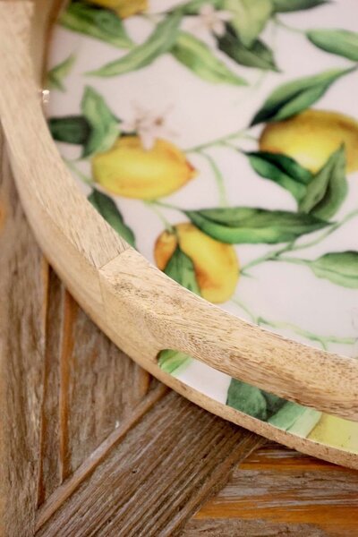 Drevený mangový podnos s citrónmi Limone Blossom - Ø 35*4 cm - Chic Antique