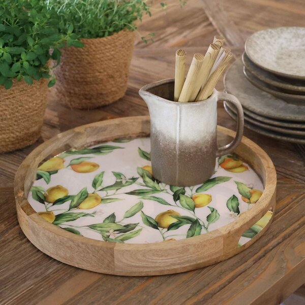 Drevený mangový podnos s citrónmi Limone Blossom - Ø 35*4 cm - Chic Antique