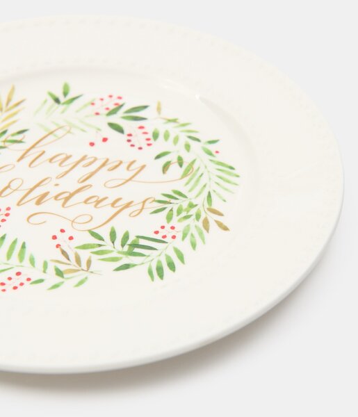 Sinsay - Vianočný keramický tanier s nápisom Happy Holidays - biela