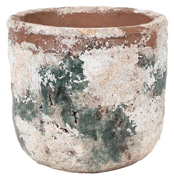 Dekoratívny béžovo-zelený antik terakotový kvetináč Teracci M - Ø 14*12 cm - Clayre & Eef
