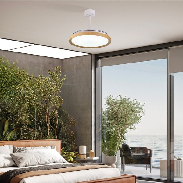Stropný ventilátor Mistral LED s dreveným dekorem, DC, tichý, CCT – Mantra Mantra Iluminación, Mistral, stmievateľné, Drevo, Obývacia izba, Plast, Moderný