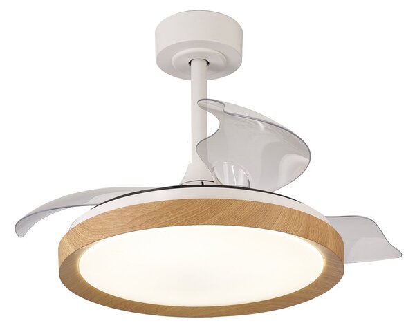 Stropný ventilátor Mistral Mini LED, drevo, DC, tichý, CCT – Mantra Mantra Iluminación, Mistral Mini, stmievateľné, Drevo, Obývacia izba, Plast, Moderný