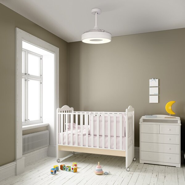 Stropný ventilátor Coin Mini LED, biely, DC, tichý, Ø 91 cm – Mantra Mantra Iluminación, Coin Mini, stmievateľné, Biela, Obývacia izba, Plast, Moderný