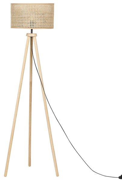 Stojaca lampa prírodná ratanová 150 cm kaučukové drevo trojnohý stojan rustikálny dizajn boho interiér