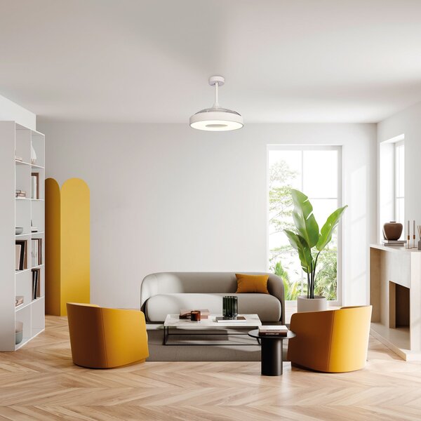 Stropný ventilátor Coin s LED osvetlením, biely, tichý, DC, CCT – Mantra Mantra Iluminación, Coin, stmievateľné, Biela, Obývacia izba, Plast, Moderný