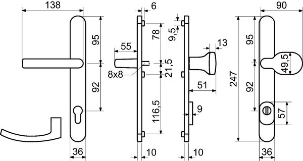 Dverové kovanie pre vstupné dvere RICHTER RHD.0041.92 (N), kľučka-kľučka, Otvor na cylindrickú vložku PZ, RICHTER Nerez matný, 92 mm