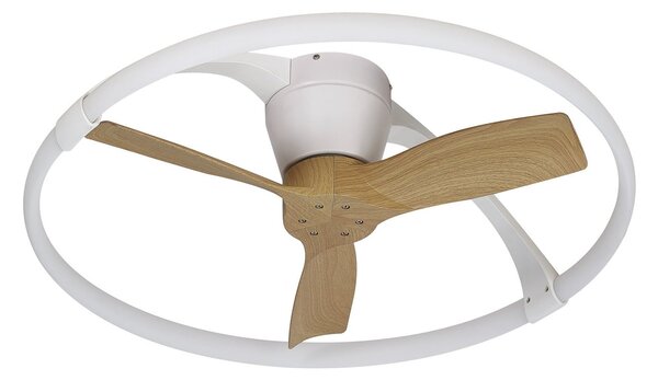 Stropný ventilátor Nepal Mini LED, aplikácia, biela/buk – Mantra Mantra Iluminación, Nepal Mini, stmievateľné, Biela, Obývacia izba, Kov, Moderný